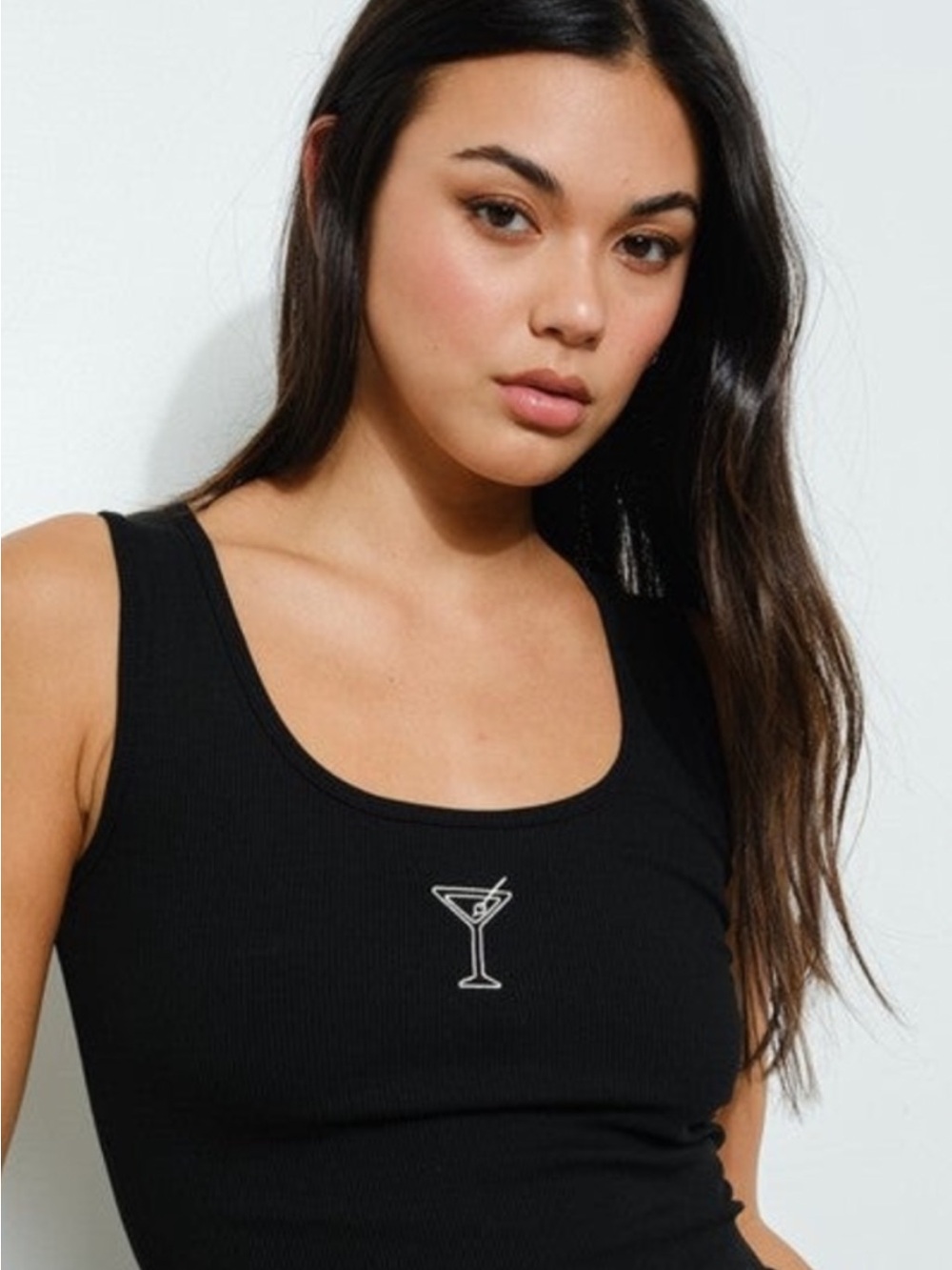 House of Harlow 1960 Black Ribbed Tank with Martini Patch